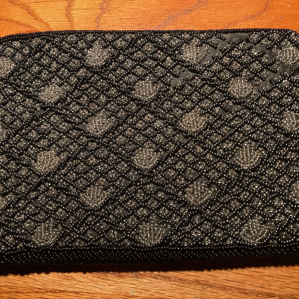 Vintage Black Silk Beaded Clutch Handbag
